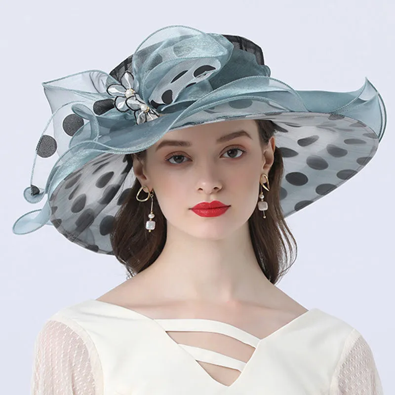 Ladies Street Casual Sun Hat With Polka Dot Decoration And Big Brim - Blue