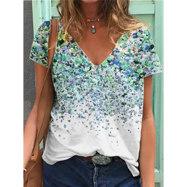 V neck Printed Short sleeved Blouse T shirt White - Shop at LoveMi