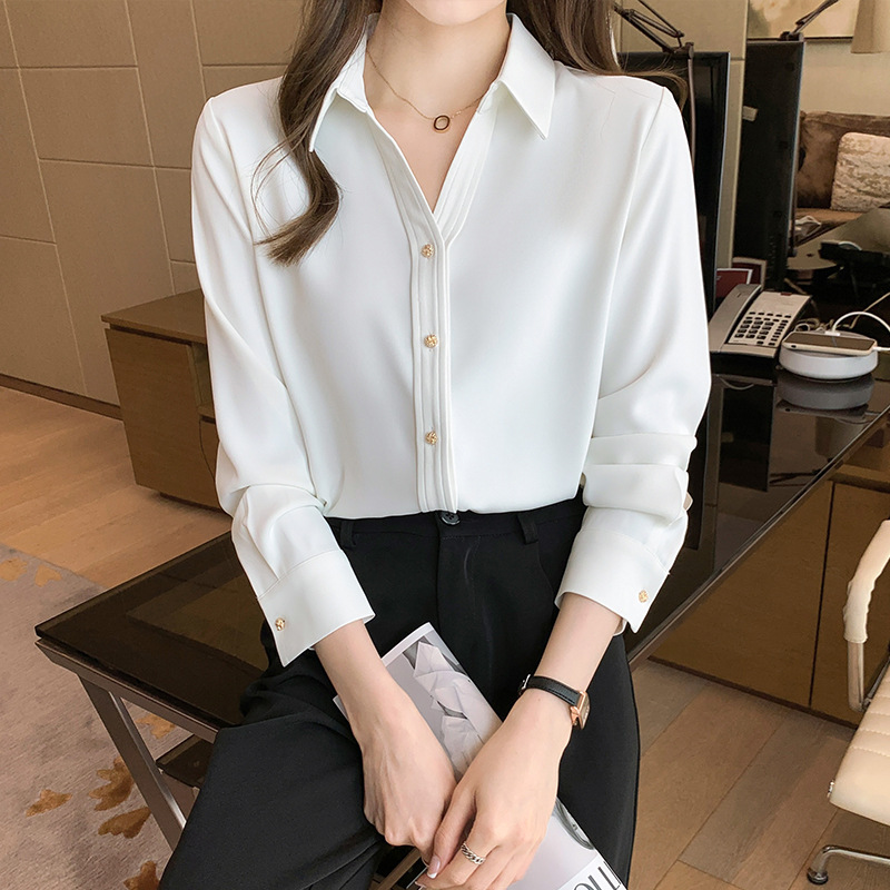Satin Women's Long-sleeved Chiffon Shirt With Metal Buttons
