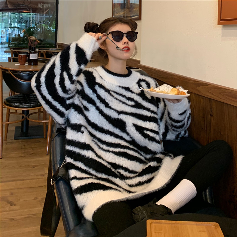 Title 5, Lazy Style Zebra Print Faux Mink Loose Sweater