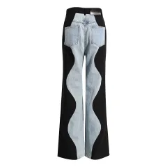 Black And Blue Wavy Denim Splicing Straight Wide Leg Pants - Black Blue - View 1