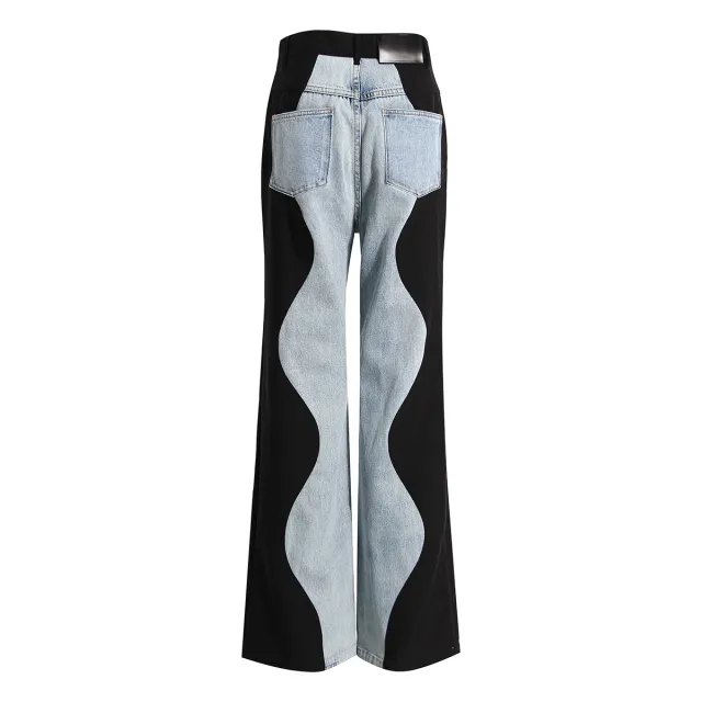 Black And Blue Wavy Denim Splicing Straight Wide Leg Pants Blue - Shop at LoveMi