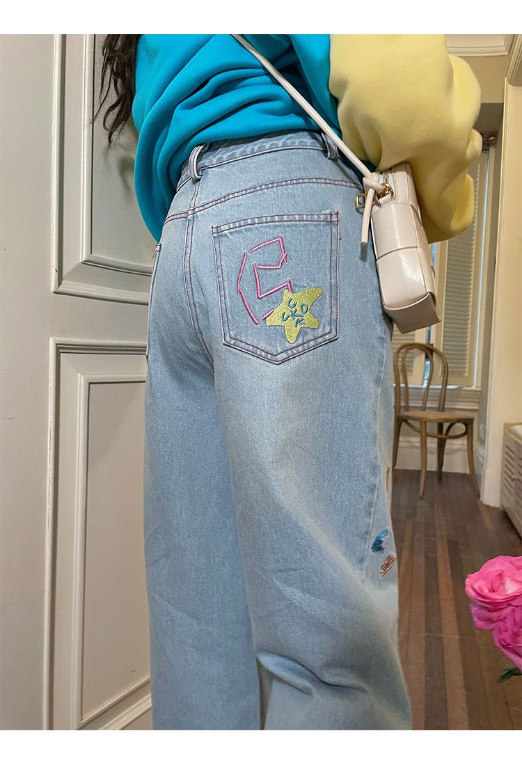 American Colored Embroidered Light Blue Jeans