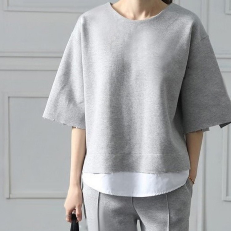 New Women's Fake Twopiece Split Blouse  Cropped Trousers