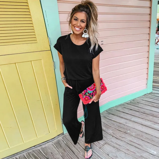 Women's New Casual Pockets Lace Up Women's Trousers Solid Color Wide Leg Jumpsuit Black - Shop at LoveMi