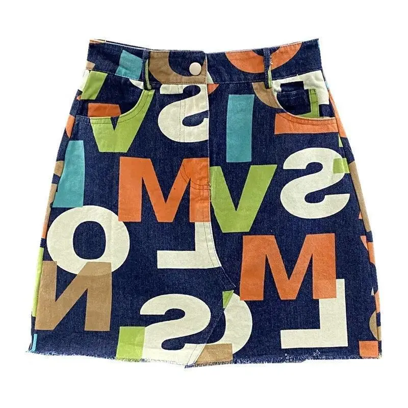 Personalized Colorful Letter Print Korean Version Of High Waisted Denim Skirt - Blue