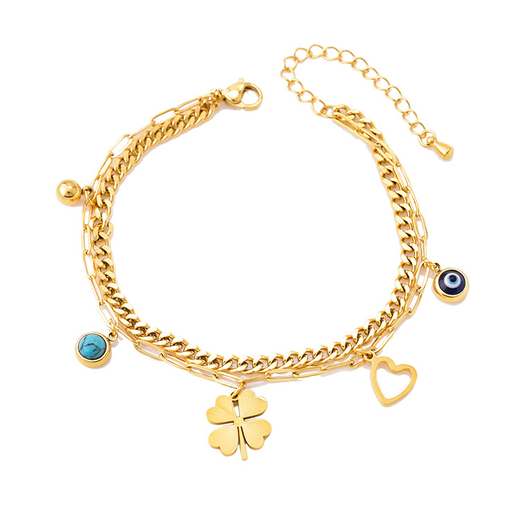Geometric Blue-green Garnet Round Love Double-layer Bracelet