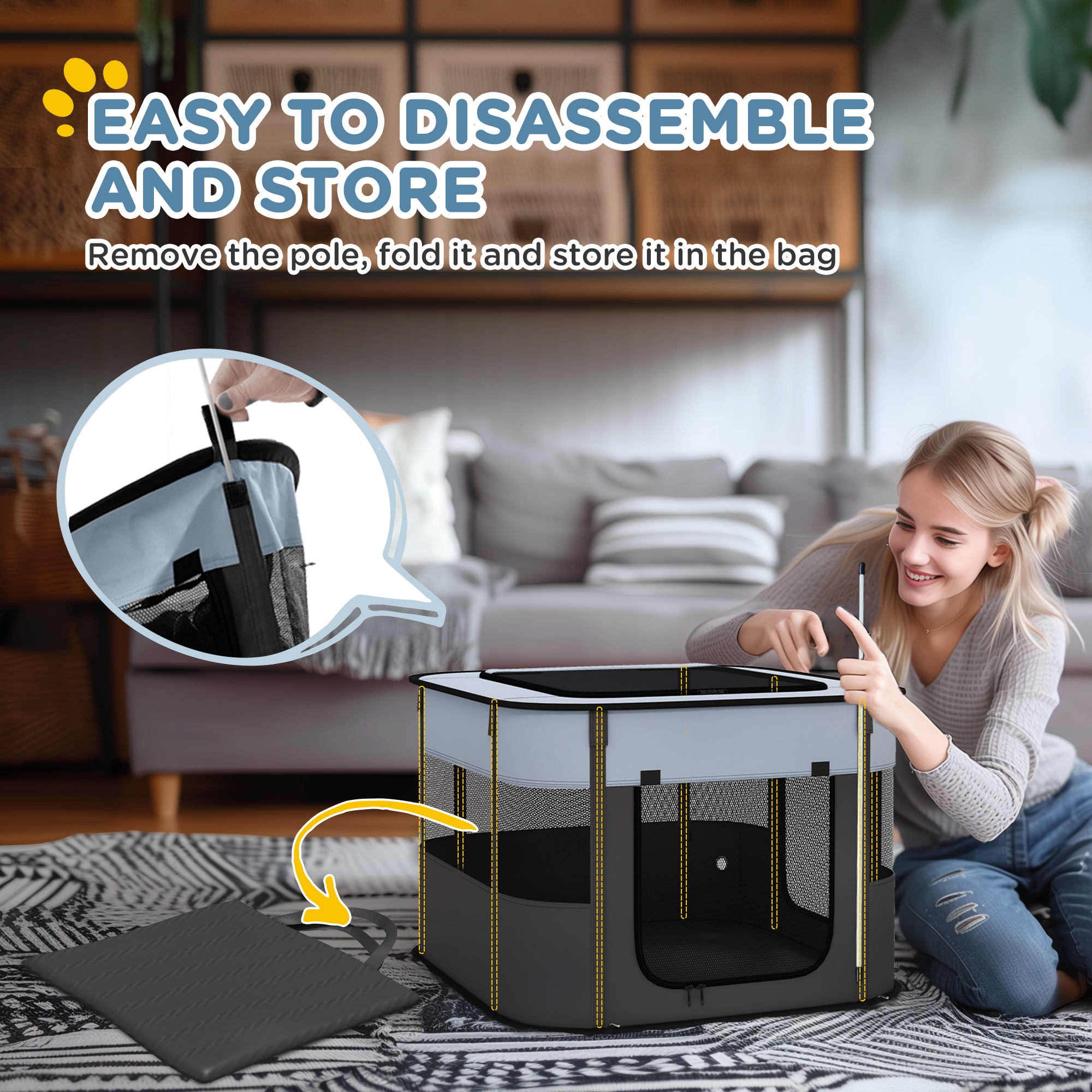 Foldable Dog Fence With Storage Bag, Suitable For Indoor-outdoor Use, Portable Pet Game Fence With Ground Nail - Small detail photo 2