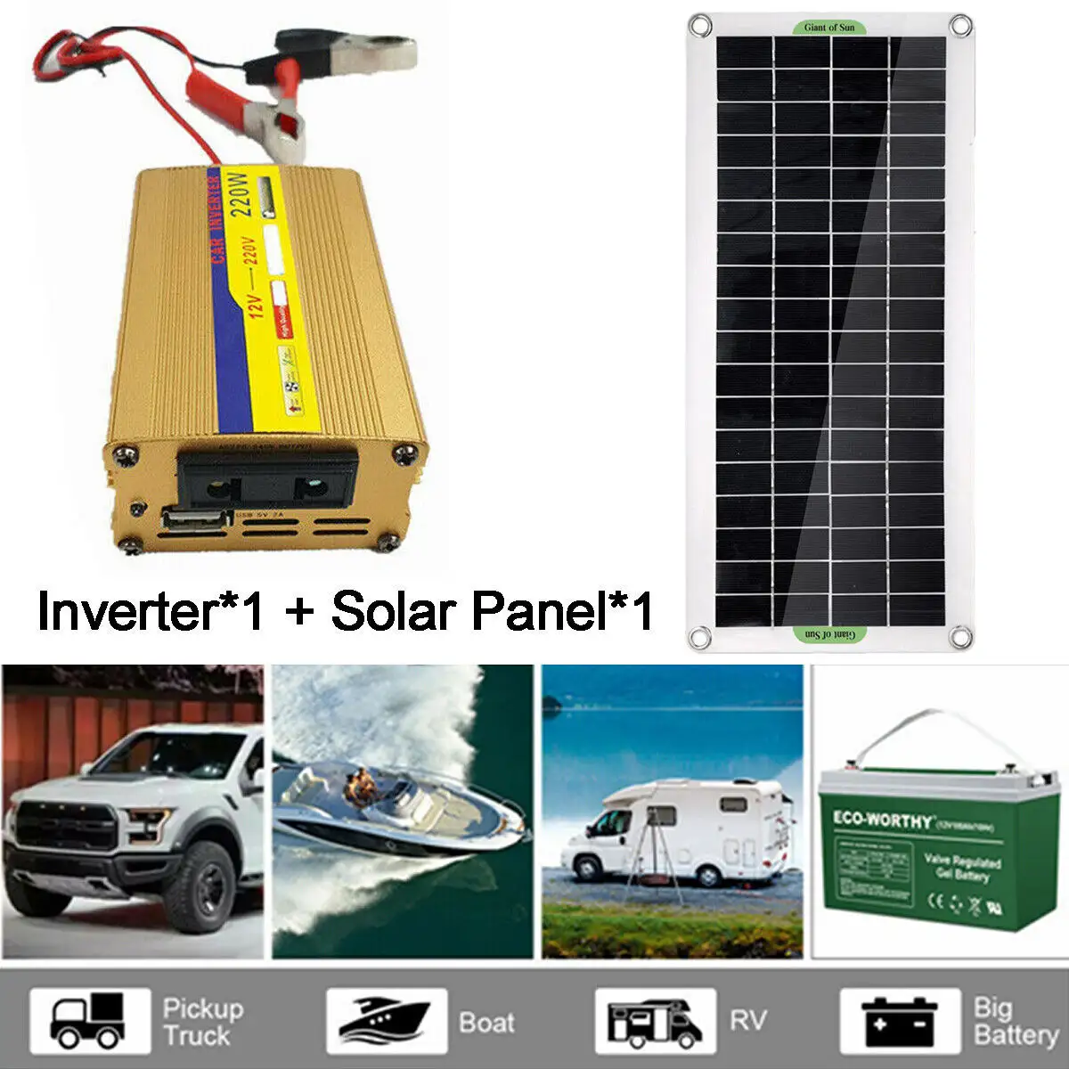 220W Inverter100W Solar Panel Kit USB Battery