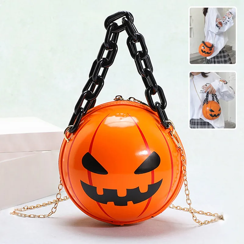 Halloween Cartoon Pumpkin Ball Handbags with Chain Personality Creative