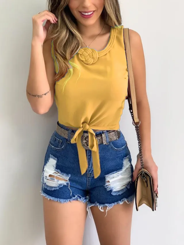 New Fashion Short Jacket Round Neck Casual Women's Waist Waist Tank Top T Shirt Tan - Shop at LoveMi