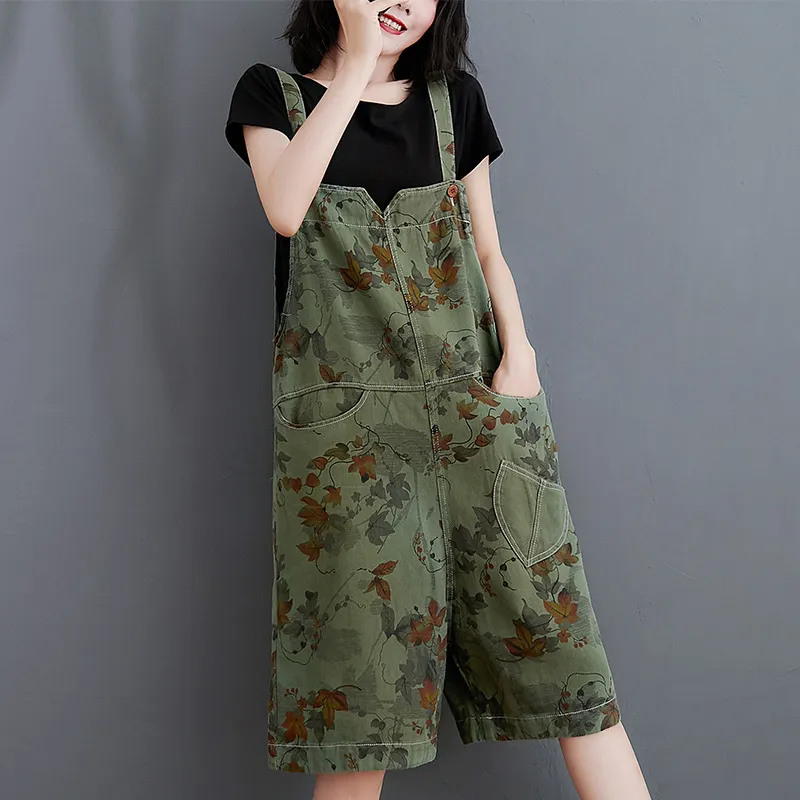 Denim Printed Five - Cent Suspenders For Women - Green