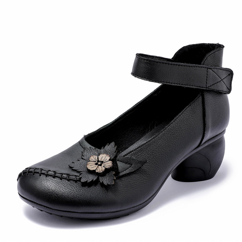 Vintage Head Layer Cowhide Flower Match Color Velcro Round Head Mother Thick Heel Rubber Soft Soled Women's Shoes