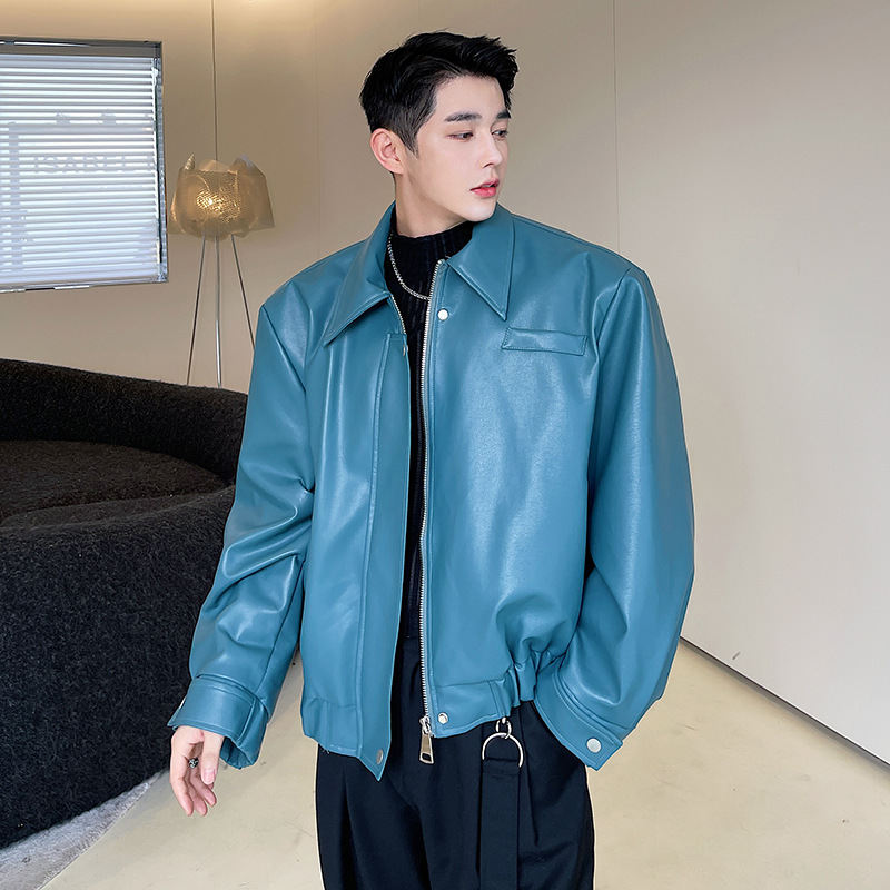 Casual Jacket Blue PU Leather Retro