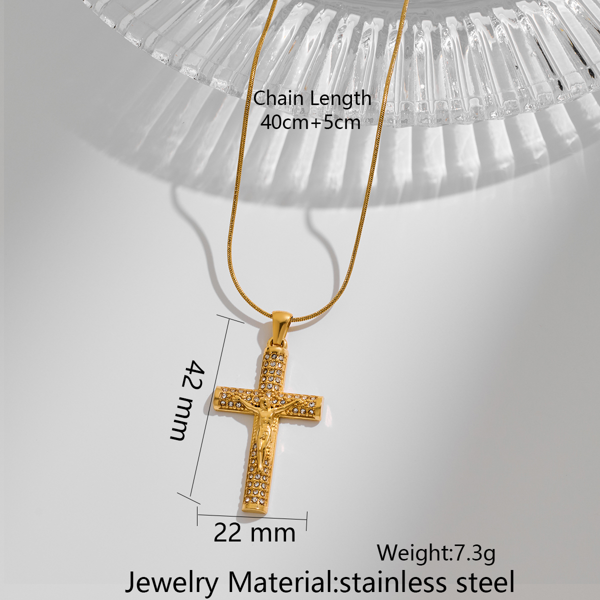 Stainless Steel Cross Pendant Necklace With Rhinestone Inlay