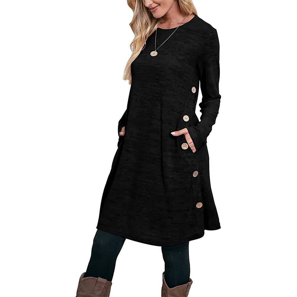 Colored Cotton Knitted Long-sleeved Buttoned Pocket A-line Fashion Dress