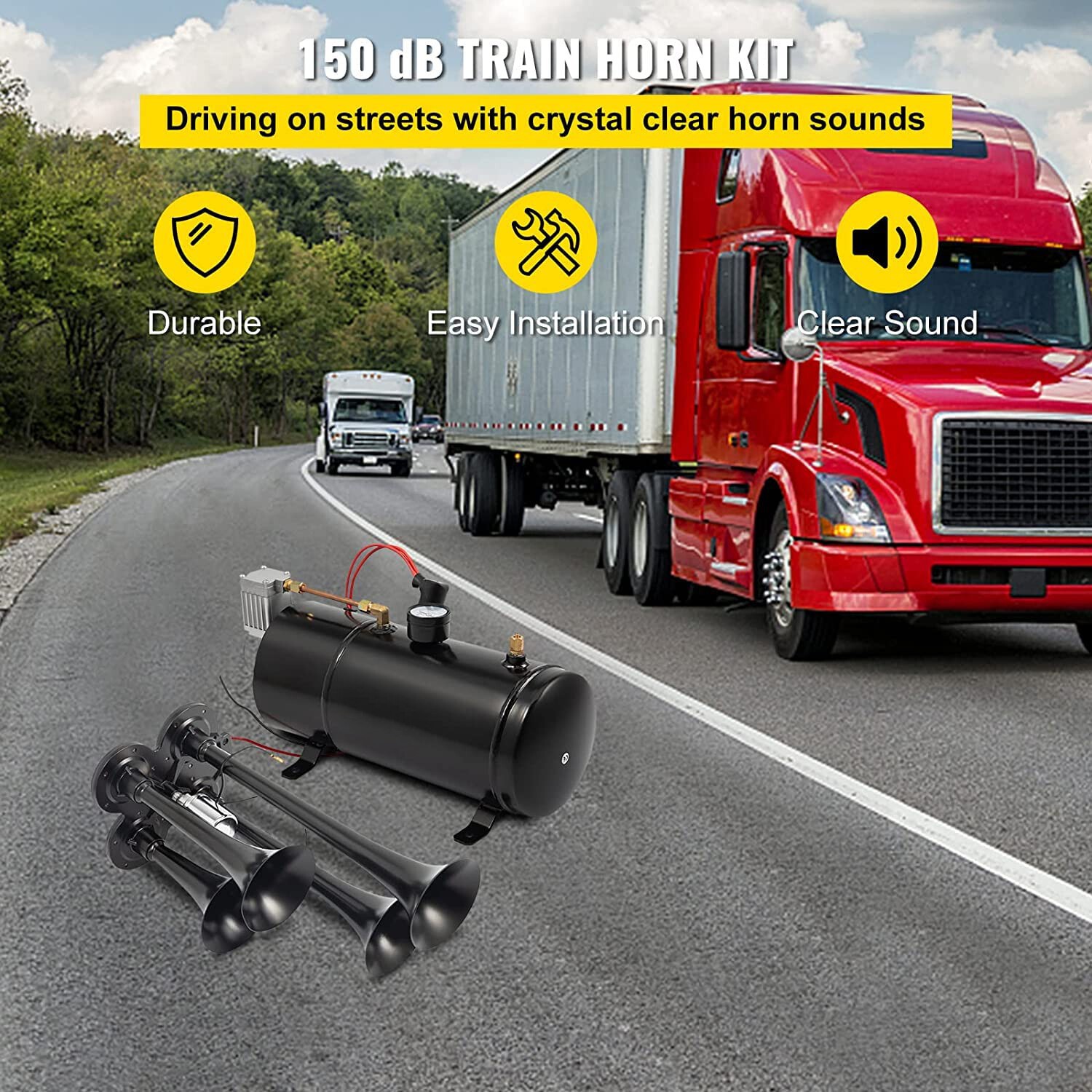 Air Horn Truck Train Horns Kit 12 Volt With Compressor 4 Trumpet 150db Black — image 9