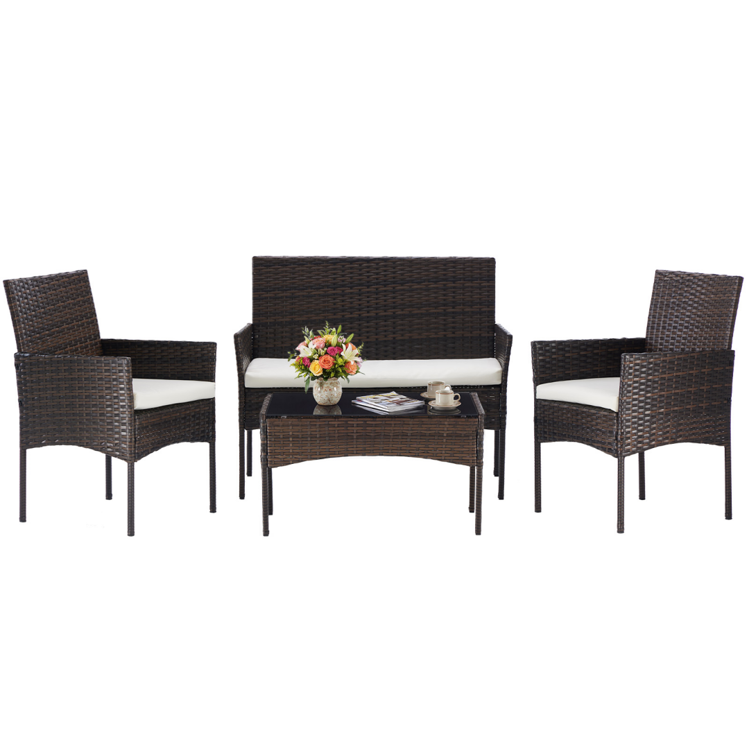 Four-piece Garden Furniture Set, Equipped With Detachable Cushions And Tempered Glass Coffee Table