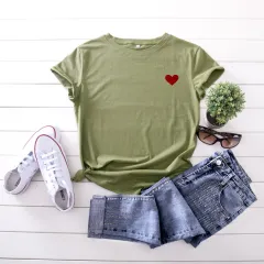 Simple And Comfortable Pure Cotton Love Short Sleeve Women - Green - View 1