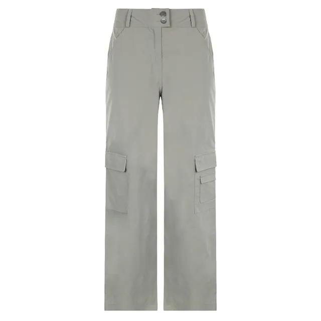 Double Button Waist Design Solid Color Wide Leg Multi pocket Daddy Pants Grey - Shop at LoveMi