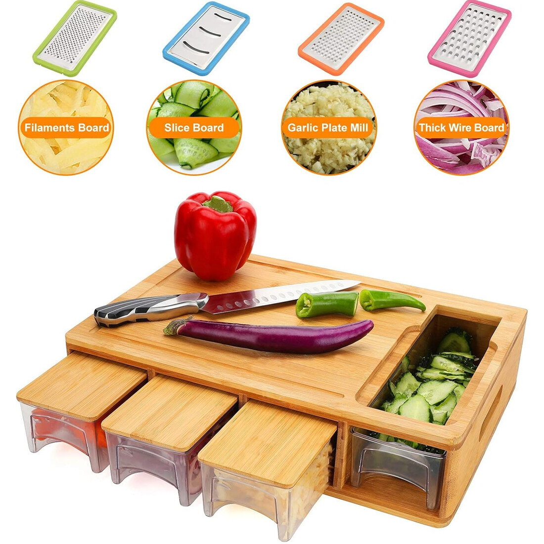 Chopping Board With Containers, Large Bamboo Cutting Board