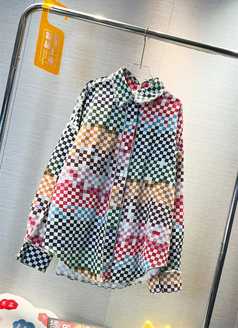 Popular Cartoon Print Plaid Denim Shirt Female - Mixed Colors