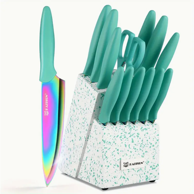 14-Piece Rainbow Colored High Carbon Stainless Steel Kitchen Knife Set, Titanium Coated Blade, Rust-Free & Super Sharp, Flatware Set With Wooden Stand & Kitchen Scissors, For Family & Restaurateurs