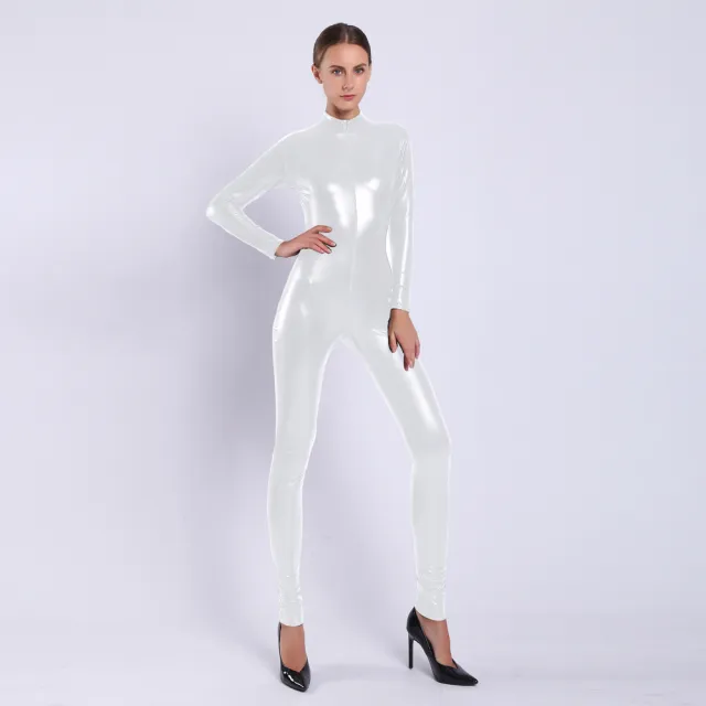 Women's Rubberized Faux Leather Shiny Bodysuit White - Shop at LoveMi