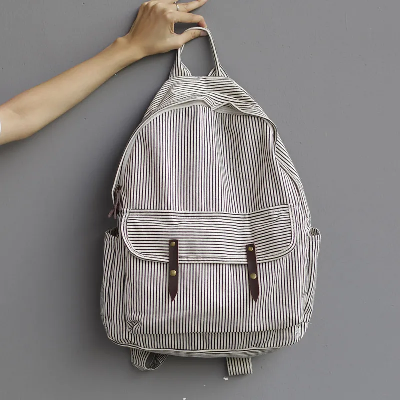 Simple Striped Canvas Backpack Casual Fashion Large Capacity - Black