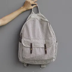 Simple Striped Canvas Backpack Casual Fashion Large Capacity - Black - View 1