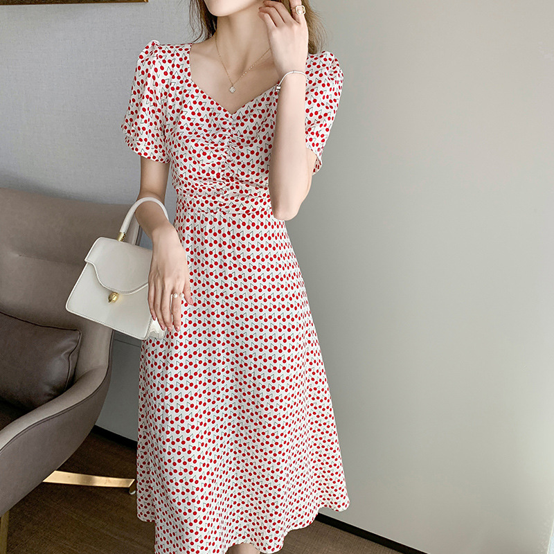 Waist Slim Temperament Long Skirt Puff Sleeve Retro