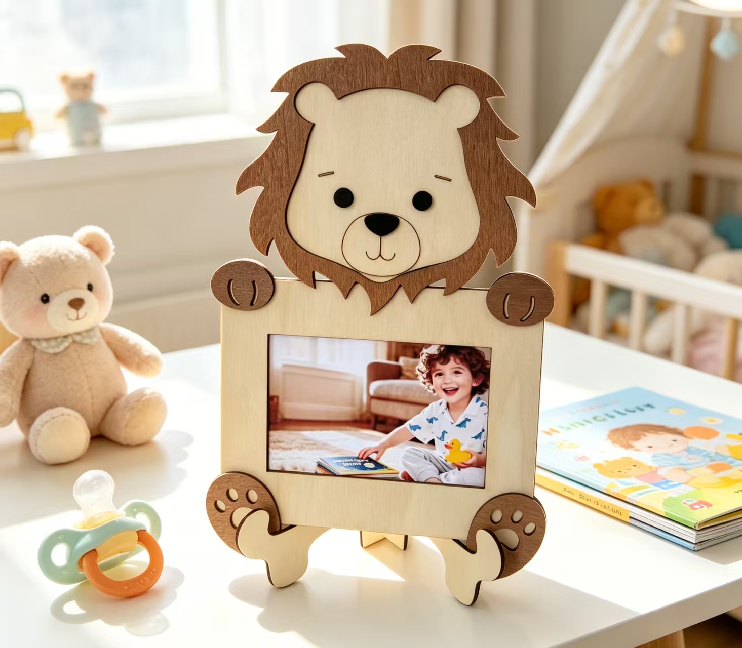 Cute Animal Wooden Photo Frame, Lion Bear Fox 3D Wood Picture Frame, Baby Kids Tabletop Photo Holder Gift