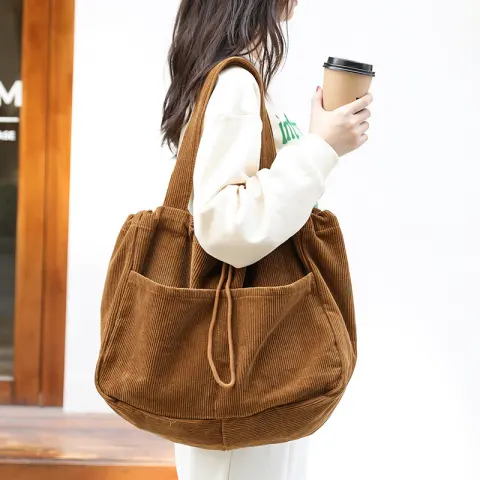 Corduroy Shoulder Bags Drawstring Multi-pocket Handbag Women Underarm