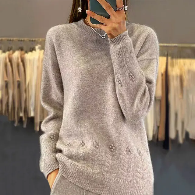 Women's Solid Color 3D Floral Embroidered Sweater, Loose Round Neck Long Sleeve Pullover For Autumn & Winter Camel Color - Shop at LoveMi