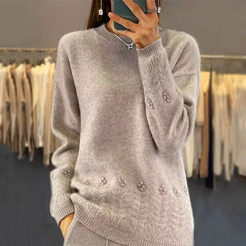 Women's Solid Color 3D Floral Embroidered Sweater, Loose Round Neck Long Sleeve Pullover For Autumn & Winter - Camel Color