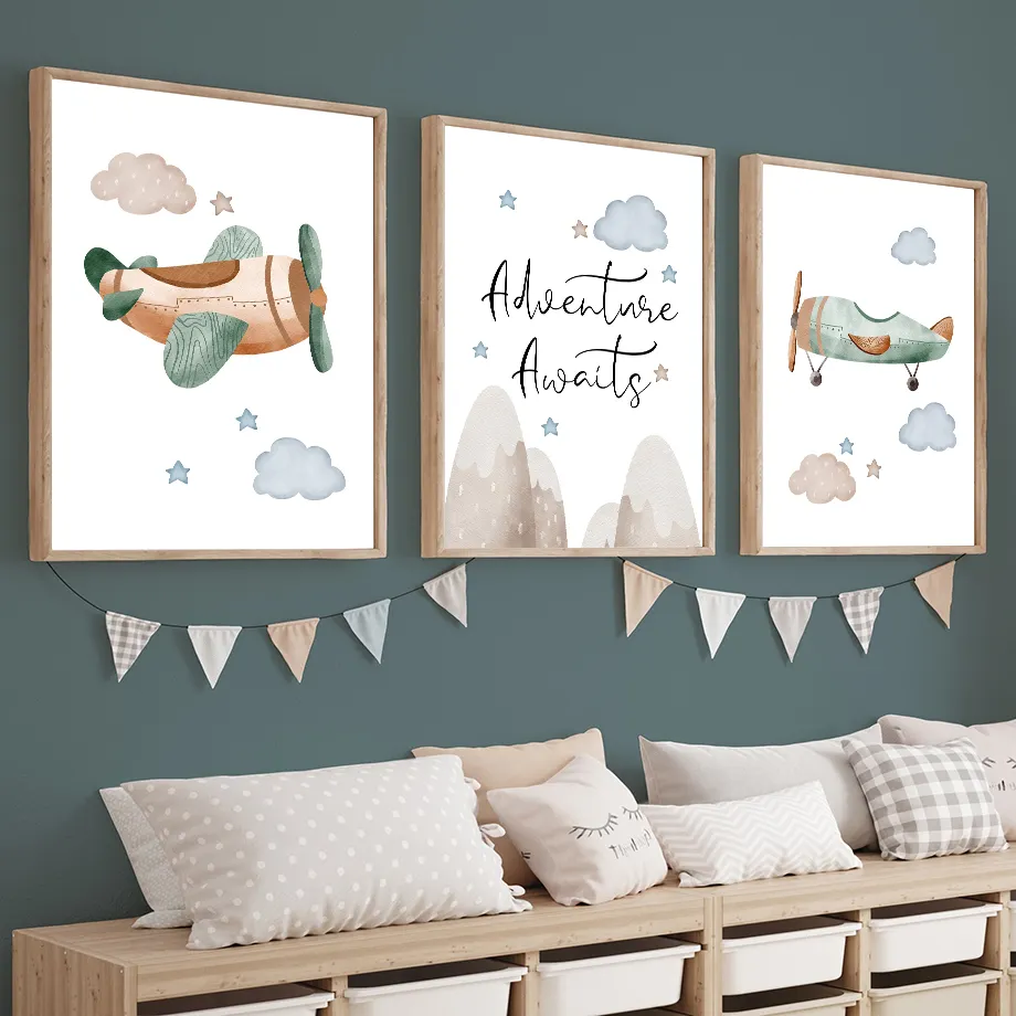 Children's Room Cartoon Aircraft Spaceship Mountain Wall