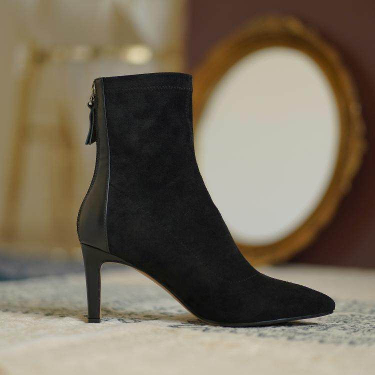 Stiletto Heel And Pointed Temperament Suede Sheepskin Plus Velvet Back Zipper Thin Boots