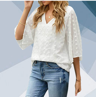 V-neck Three-quarter Sleeves Dotted Chiffon Shirt Blouse Women