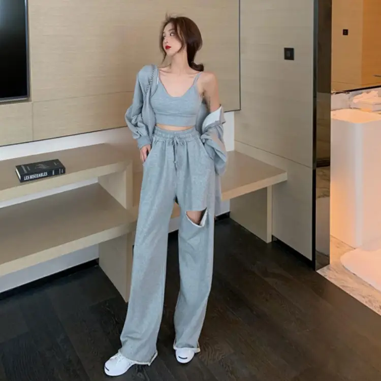 High Waist Ripped Loose Trousers Net Red Two Piece Suit