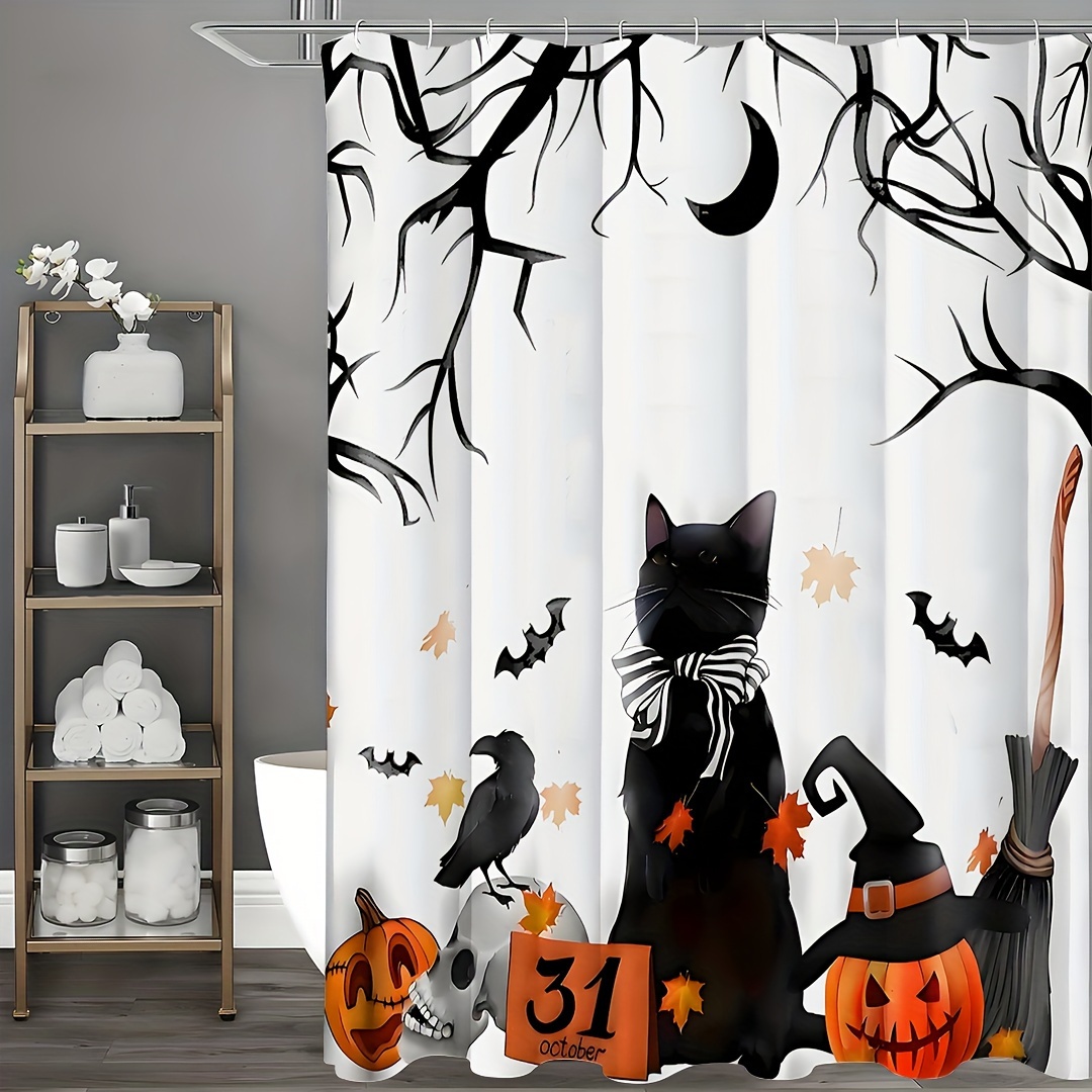 Spooky Halloween Shower Curtain Set - Vibrant Printed Design,12 Hooks - 1Pcs, Pumpkin Lantern, Black Cat, Crow Skull, Broom, Bat, Dead Branch Design 6