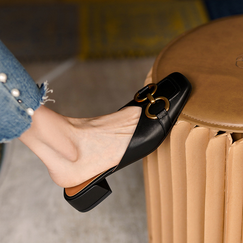 Women's Square Head Horsebit Medium Chunky Heel Half Slippers Black - Shop at LoveMi