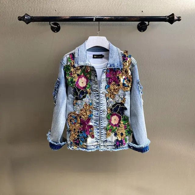 Heavy Duty Diamond Studded Denim Jacket Fashion Blue - Shop at LoveMi
