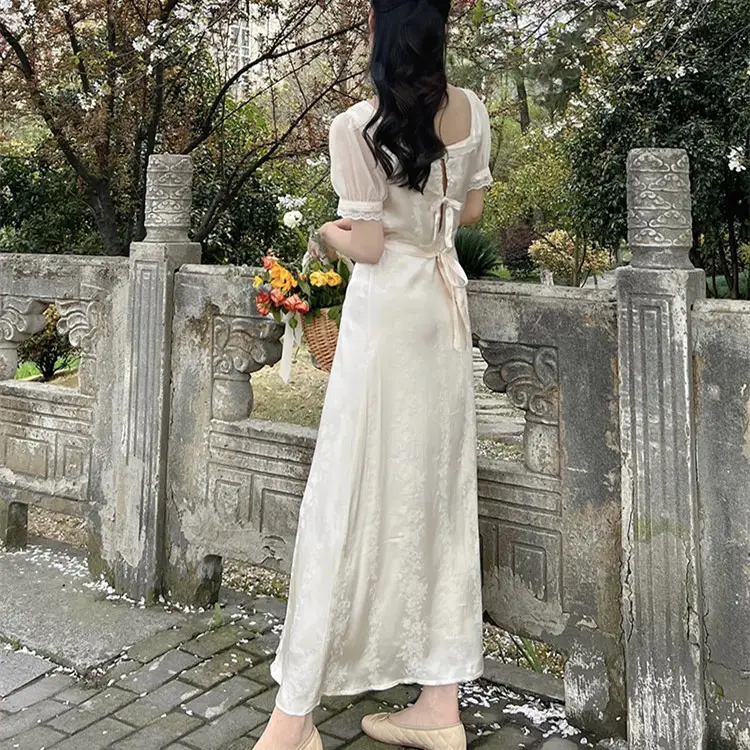 Women's Fashion Casual Vintage Court Style Puff Sleeve Satin Mid Length Dress