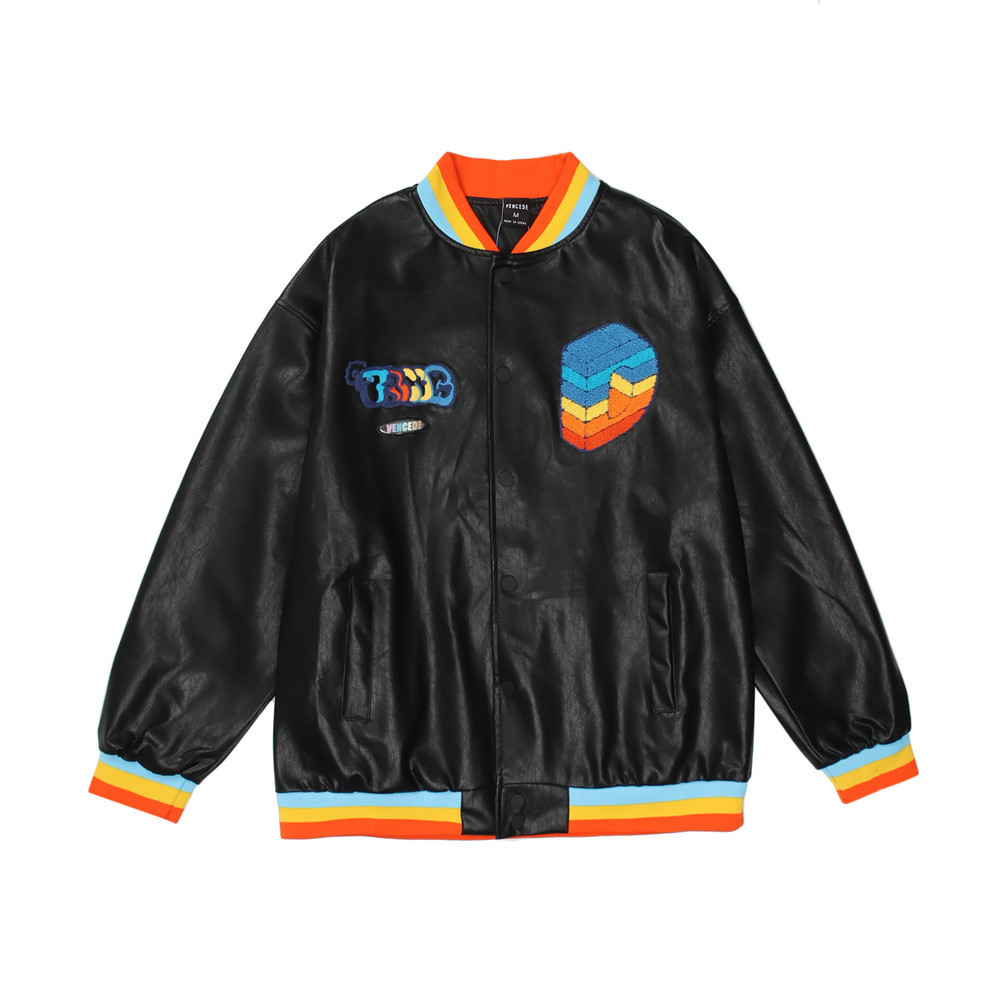 Rainbow Colorblock PU Leather Jacket Men's American Tide Brand