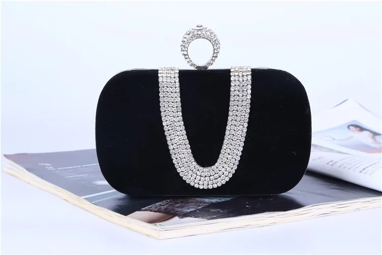 Diamond Evening Bag Velvet Clutch Bridal Dress Bag Ladies Evening Bag - Black