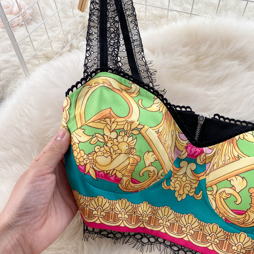 Lace Stitching Crop Top Printed Pleated Skirt Two-piece Set