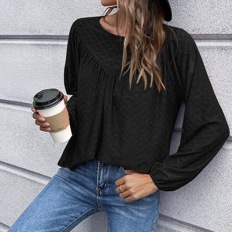 European And American Women's Clothing Solid Color Pleated Tops Baby Shirts - Black
