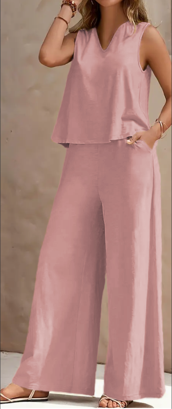 Vibrant Solid Color Casual Pants Set V Neck Sleeveless Tank Top, Wide Leg Pants With Pocket, Polyester Fabric, Machine Washable Perfect For Summer, All Season Wear Pink - Shop at LoveMi