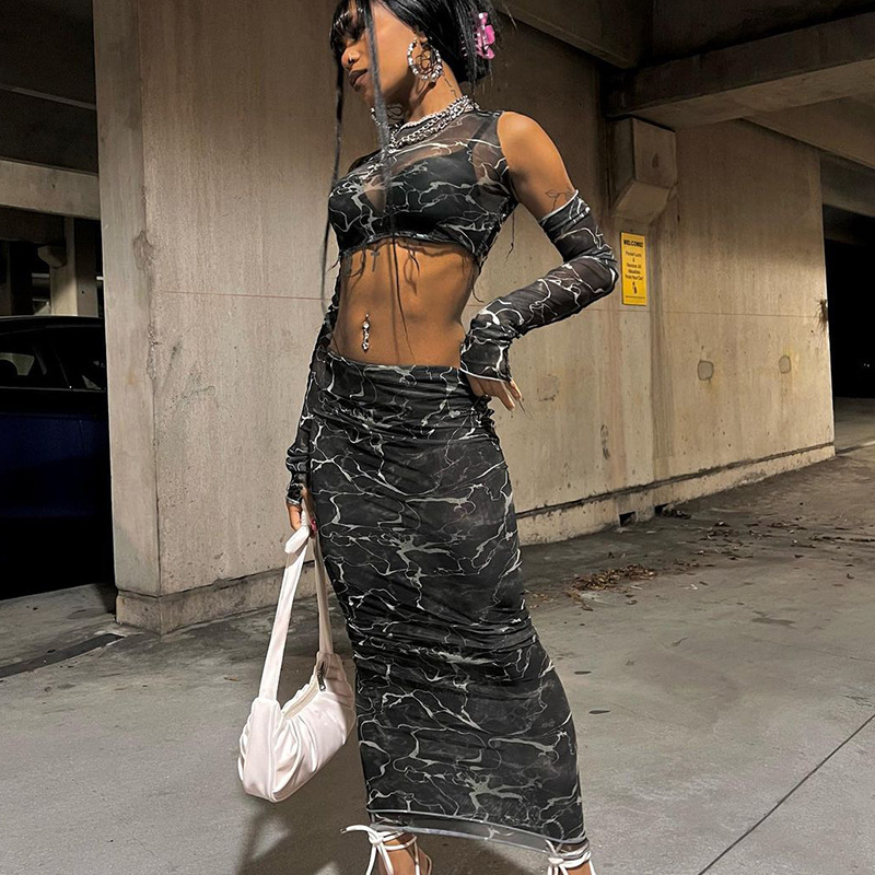 Fingerless Crop Vest Mesh Print Skirt