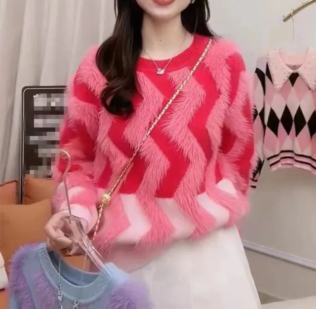 Korean Version Round Neck Pullover Fashionable Imitation Mink Sweater Pink - Shop at LoveMi